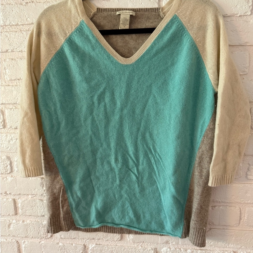 White + Warren Cream and Blue V-Neck Sweater